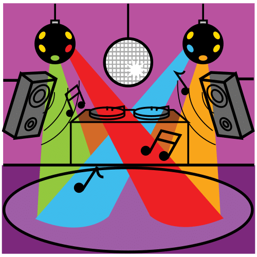 Discoteca con luces, altavoces y pista de baile.