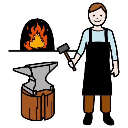 Persona de pie con un martillo en la mano. Al lado tiene un yunque y al fondo se ve un horno encendido.