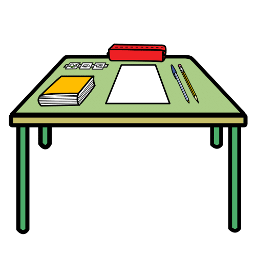 Mesada con diferente material educativo ordenado.