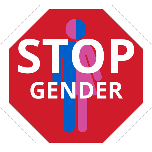Señal con las letras STOP Gender y una figura humana mitad azul mitad rosa.