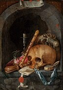 Cuadro de Jan Davidsz. de Heem en el que se ve una calavera rodeada de instrumentos musicales y un reloj de bolsillo