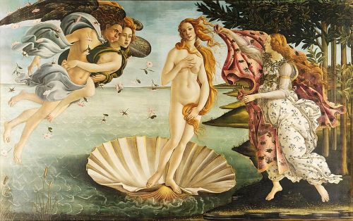 Cuadro de Boticelli. En el centro la diosa Venus sale del mar sobre una concha. A su izquierda el dios de viento y otra mujer soplan pétalos. A la derecha una ninfa intenta cubrirla con un manto