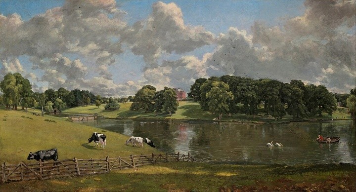 Pintura de John Constable en la que se ve un lago, praderas y unas vacas pastando