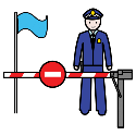 Pictograma que representa a un garda nunha fronteira. Exemplifica arancel.