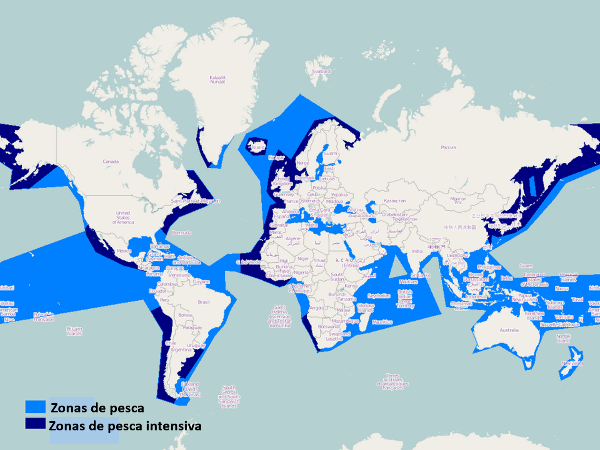 Mapa do mundo no que se recollen as principais áreas pesqueiras do mundo.