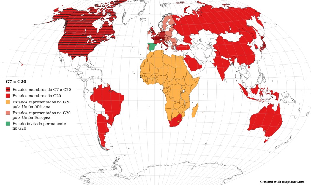 Mapa que mostra os países do G7 e do G20