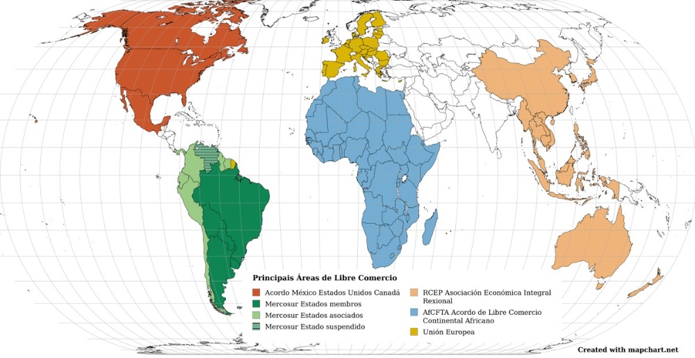 Mapa que mostra os estados membros das principais áreas de libre comercio.