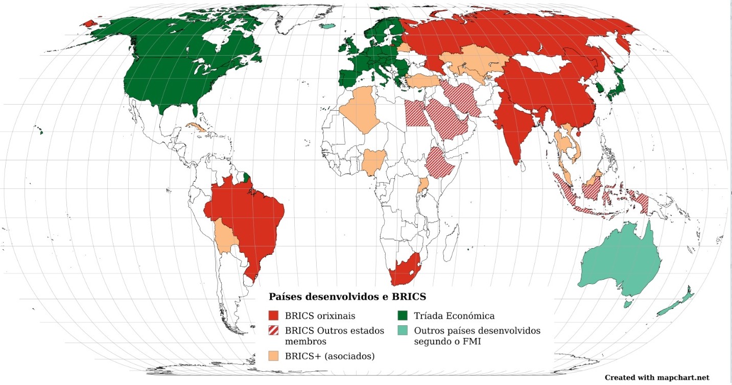 Mapa que mostra os países da Tríade e os BRICS.