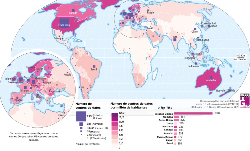 Mapa que mostra a distribución dos centros de datos no mundo.