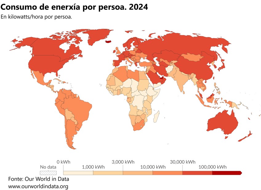 Mapa que reflicte o consumo de enerxía por persoa en 2014