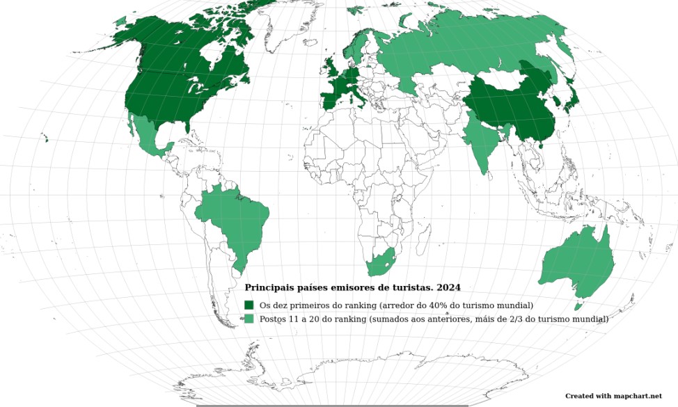 Mapa cos principais países emisores de turismo en 2024