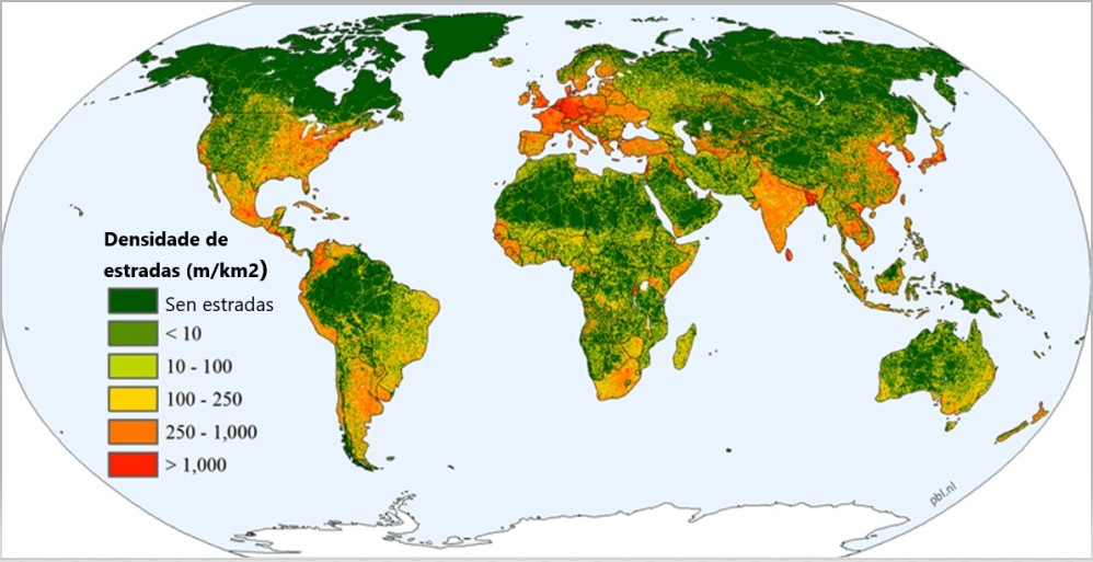 Mapa de densidade de estradas no mundo.