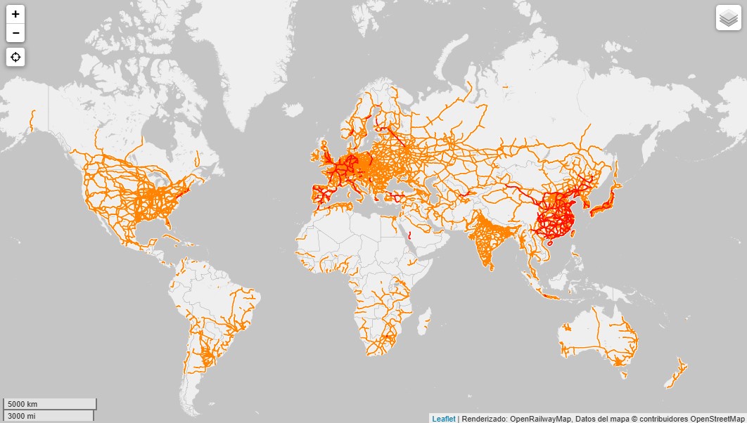 Mapa de ferrocarrís no mundo.