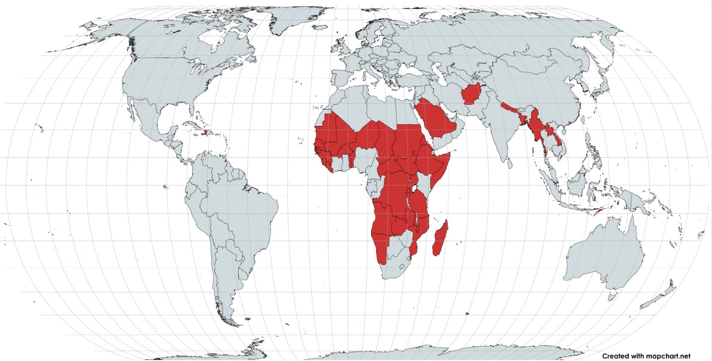 Mapa que mostra os países considerados menos desenvolvidos pola ONU