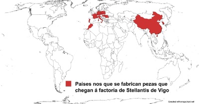 Mapa que mostra os países desde os que chegan pezas á factoría de Stellantis en Vigo para fabricar automóbiles.