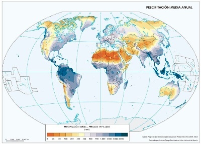 Mapa de precipitacións medias anuais no mundo.
