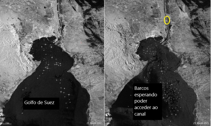 Imaxe de satélite dun atasco no canal de Suez polo embarrancamento dun buque