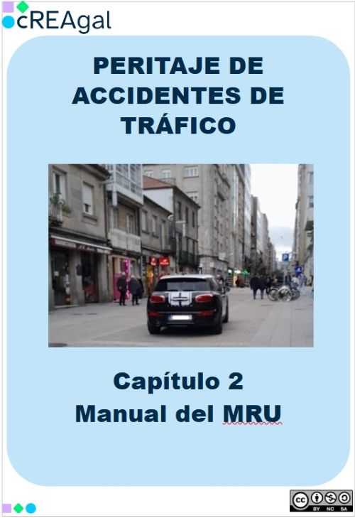 Portada del capítulo 2 que pone peritaje de accidentes de tráfico, capítulo 2, manual del MRU. También incluye una imagen en la que se aprecia un coche en tramo recto que comparten los vehículos y los peatones.