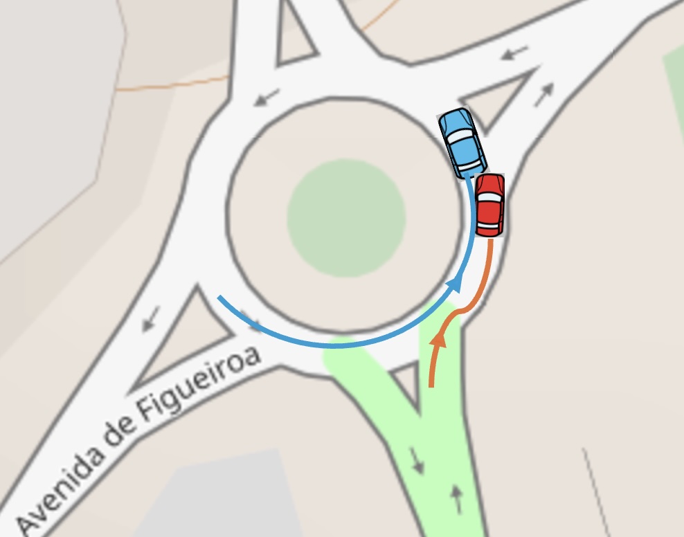 Mapa de rotonda con la imagen de los dos coches del accidente