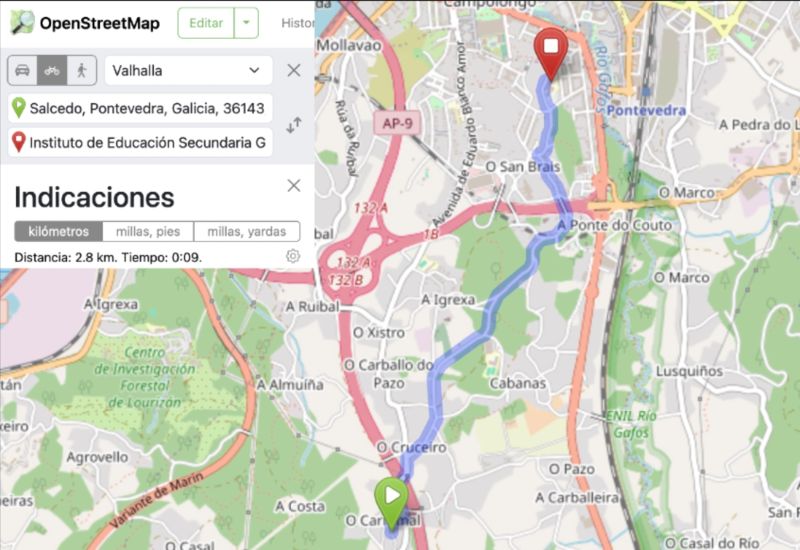 Mapa con ruta en bici indicando distancia y tiempo.