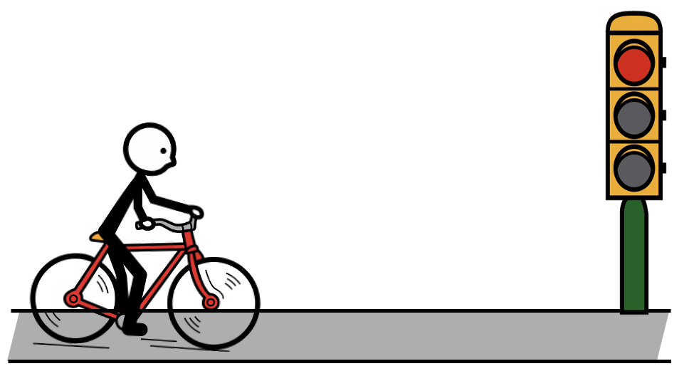 Bici frenando delante de un semáforo.