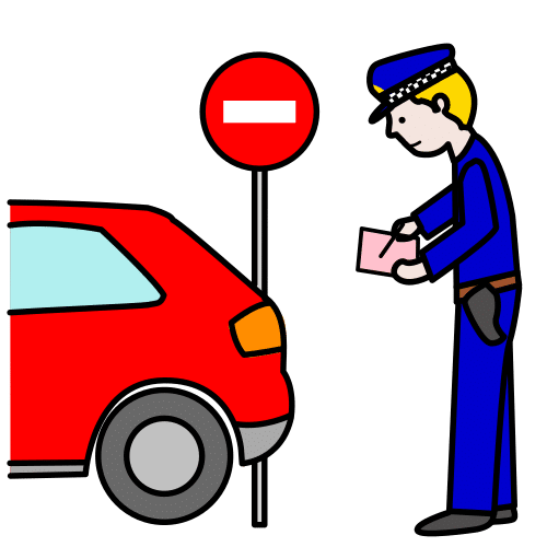 Pictograma de un policía poniendo una multa a un coche rojo delante de una señal de prohibido.