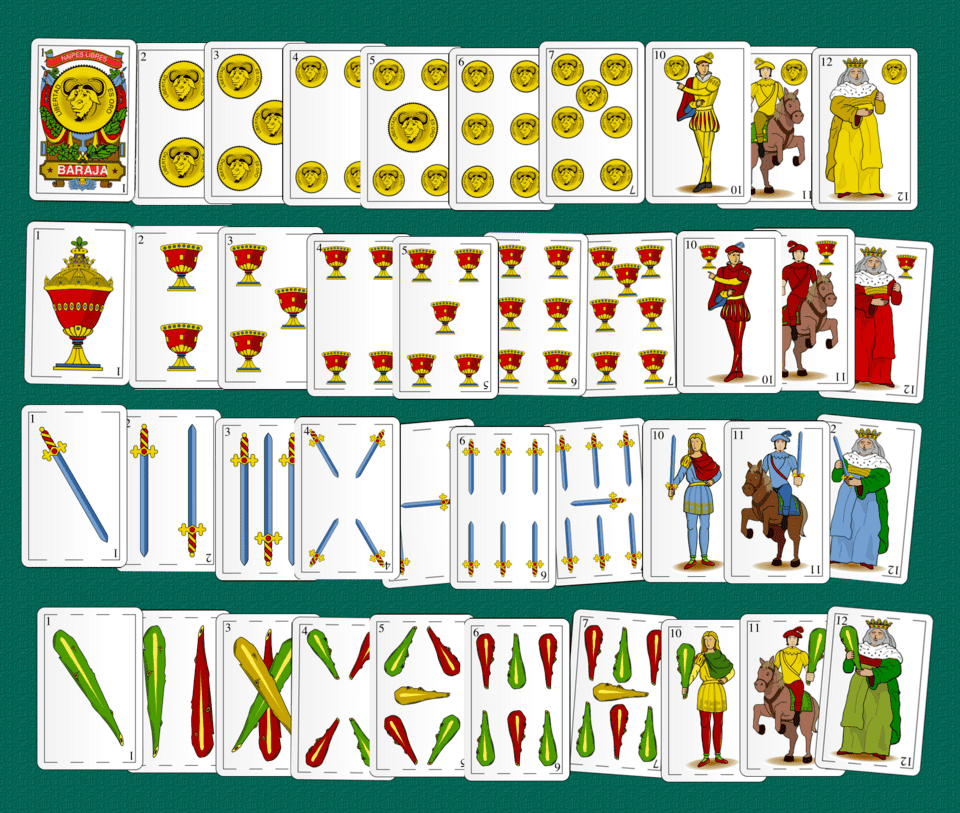 baralla de cartas españolas modificadas coa imaxe de GNU no pau de outros.