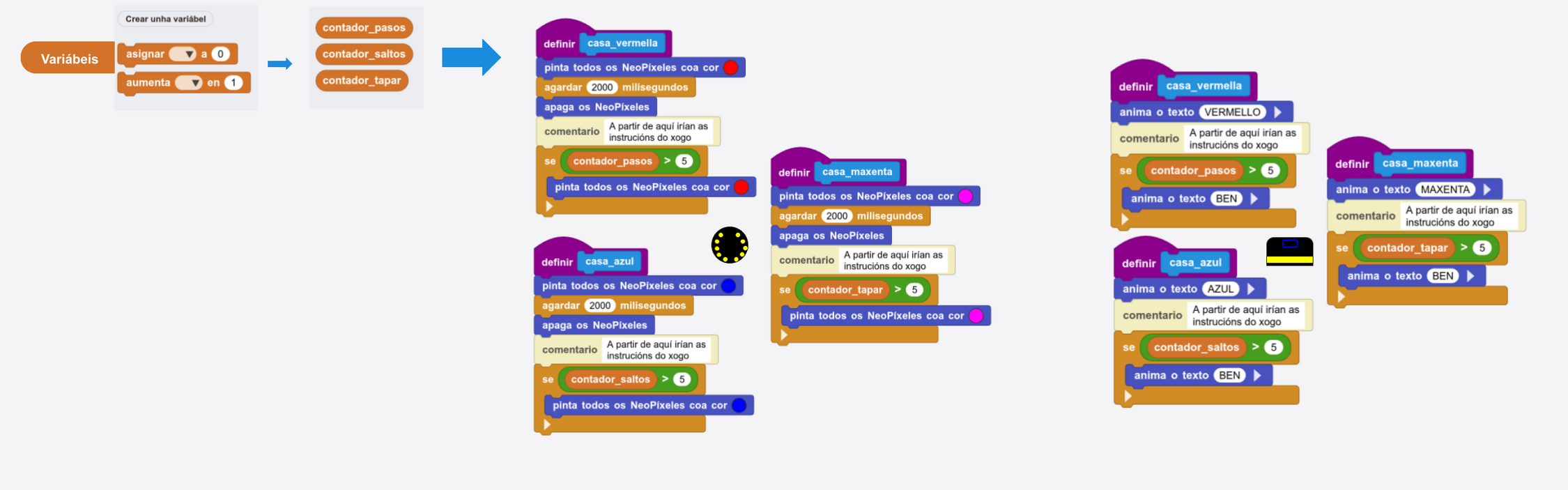 Como crear variables con nomes ben diferenciados en MicroBlocks e exemplo de aplicación