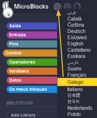 Seleccionar galego para o programa MicroBlocks