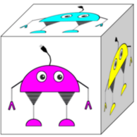 Dado do xogo Sensa6. Nas súas caras ten un robot coas cores RGB e CMY