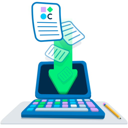 Imaxe do material descargable para o proxecto cREAgal. Amosa unha frecha de descarga de documentos nun computador portátil
