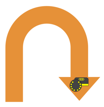 Frecha coas iconas das placas micro:bit e Adafruit na súa punta. A frecha está xirada no sentido das agullas do reloxo