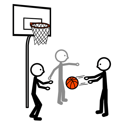 Dous xogadores pasando o balón mentres un tenta quitarllo en baloncesto