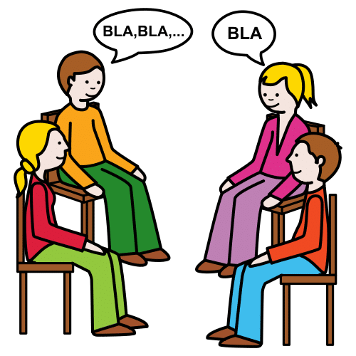 Pictograma que representa dous rapaces e dúas rapazas sentados e sentadas dialogando.