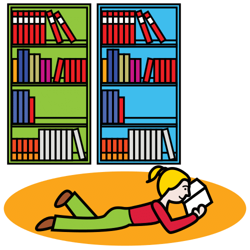 Imaxe dunha moza deitada lendo nunha biblioteca