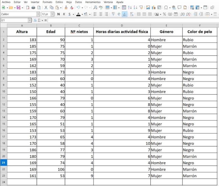 Captura de pantalla del programa LibreOffice que muestra el conjunto de datos