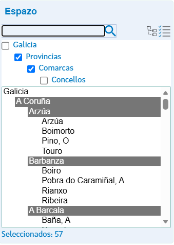 Captura de pantalla de la web del IGE que muestra el selector por comarcas