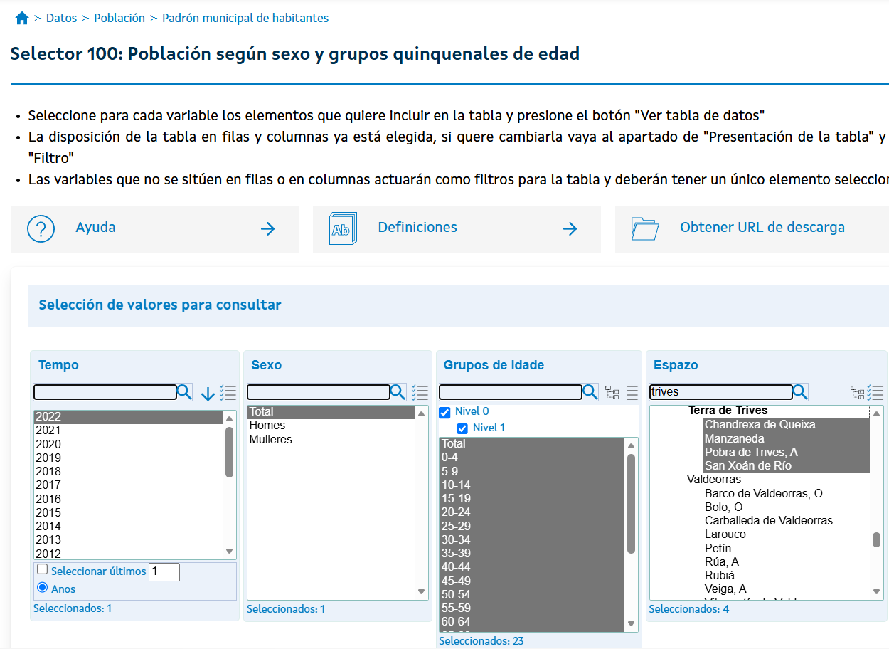 Captura de pantalla del IGE que muestra cómo acceder a los datos del Selector 100