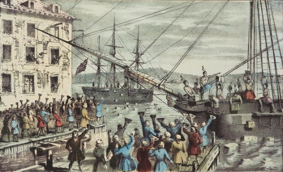 Litografía que mostra os sucesos do Motín do Té de Boston