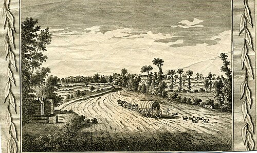 A Gran Estrada do Norte preto de Highgate, na entrada a Londres, antes da construción da estrada de peaxe. A calzada estaba chea de fochancas e daba acceso aos terreos adxacentes