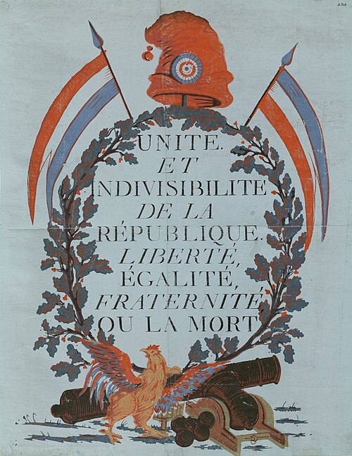 Unité Indivisibilité de la République Cartel de propaganda de 1793 que representa a Primeira República Francesa, co lema da revolución