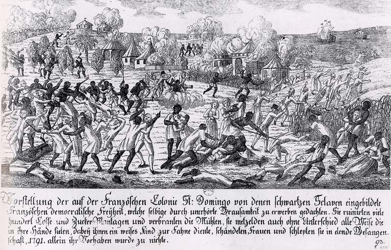 Gravado que mostra a rebelión dos escravos en Santo Domingo en 1791
