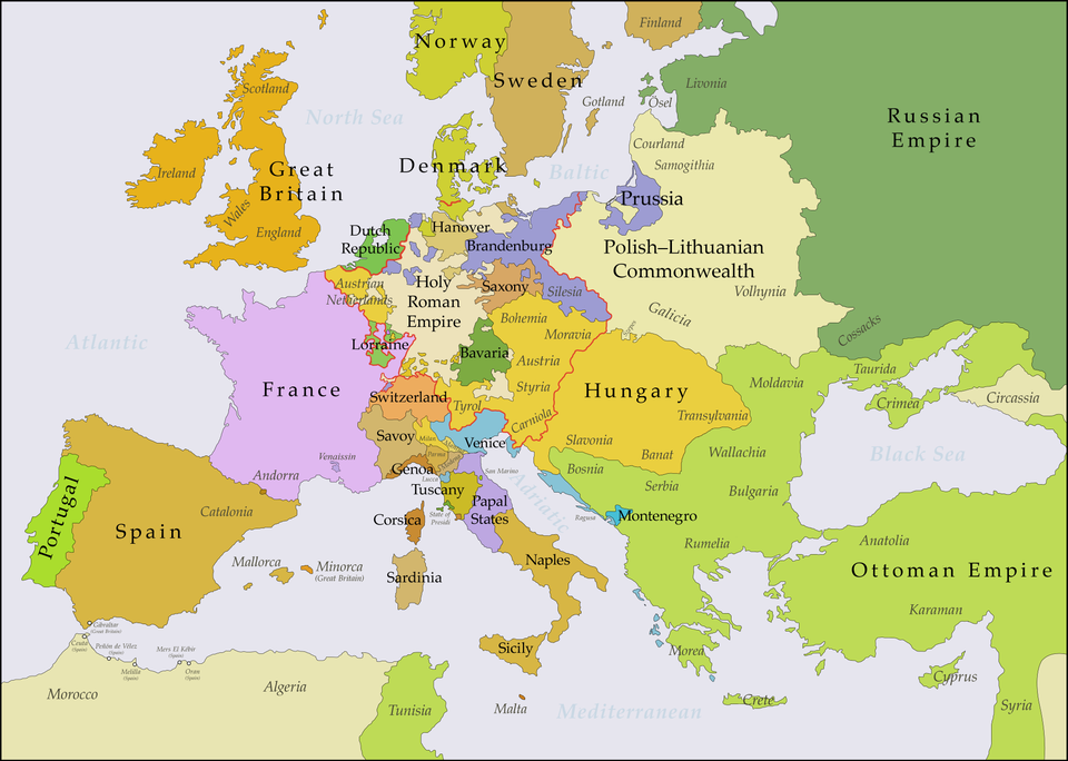 Europe 1748-1766 en Mapa político de Europa a mediados do século dezaoito