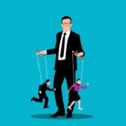puppet-master-businessman-slave-business-people Icona que representa a unha persoa manexando monicreques que representan outras persoas