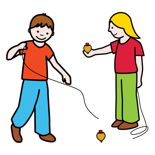 Un niño y una niña jugando a la peonza