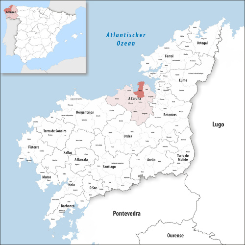 Karte Gemeinde Oleiros 2022 Mapa de Galicia donde aparece coloreado el municipio de Santa Cruz de Oleiros
