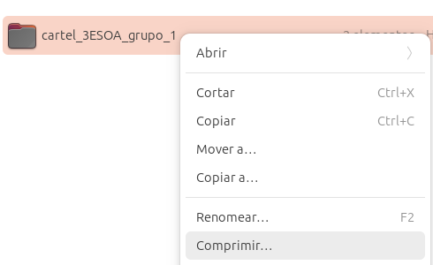 Captura da pantalla do menú contextual onde se amosa a opción de comprimir, para un cartafol