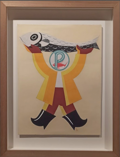Pescador sostendo sardiña e coa cara en forma de letra P, referente a pescanova