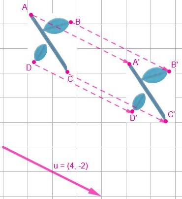 Una rama con dos hojas y su trasladada según un vector. Se muestran los puntos homólogos.
