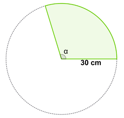 Círculo de 30 cm de radio sobre el que se destaca en color verde un sector circular de amplitud alfa.